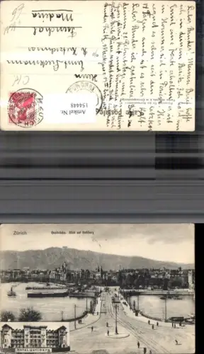 154448,Zürich Quaibrücke Blick a. Uetliberg Hotel Uetliberg Strassenbahn Schiff Dampfer 1913 Kt Zürich