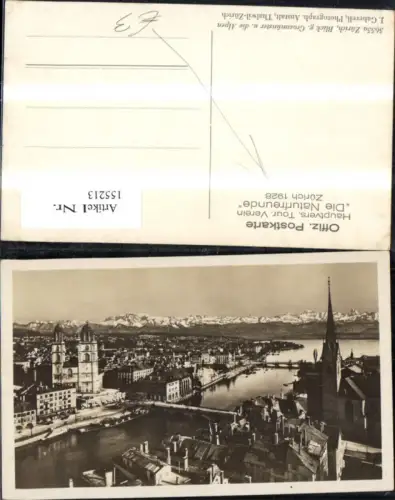 155213,Zürich Blick geg. Großmünster u. d. Alpen 1928
