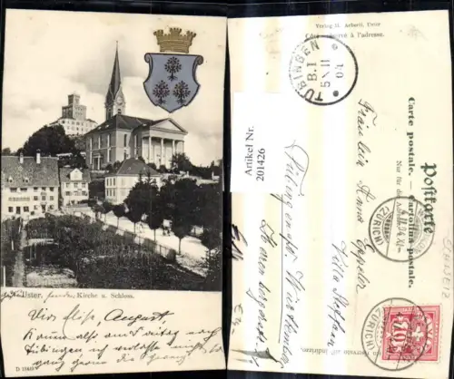 201426,Uster Präge Ak Wappen Kirche u. Schloss Kt Zürich