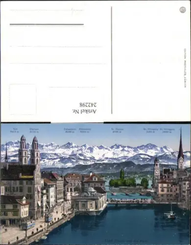 242298,Zürich Teilansicht Kirche Brücken und d. Alpen