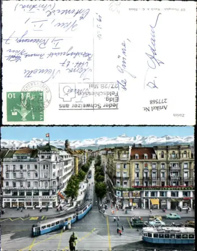 277568,Zürich Bahnhofstraße Straßenbahnen Geschäfte m. d. Alpen Bergkulisse
