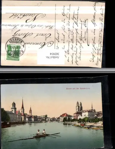 303934,Zürich Teilansicht von d. Quaibrücke Kirchentürme Ruderboot