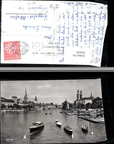 303939,Zürich Teilansicht Anlegeplatz Boote Kirchentürme Brücke