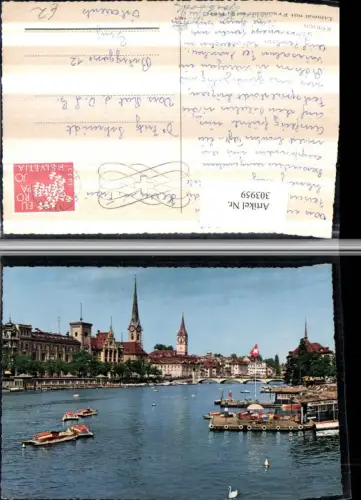 303959,Zürich Limmat m. Fraumünster u. St. Peter Kirche Boote Brücke