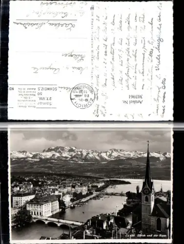 303961,Zürich Teilansicht Kirche Brücke m. Alpen Bergkulisse