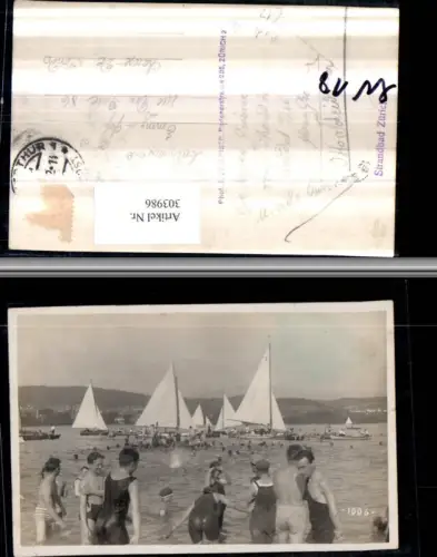 303986,Foto AK Zürich Strandbad Bademode Strandleben Segelboote