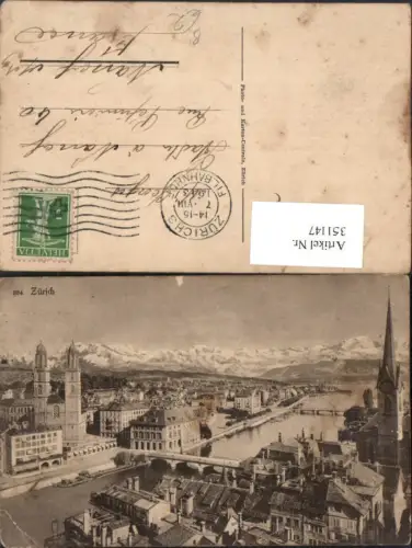 351147,Zürich Teilansicht Brücken Kirche Bergkulisse