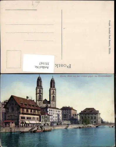 351167,Zürich Blick von d. Limmat geg. Großmünster Kirche