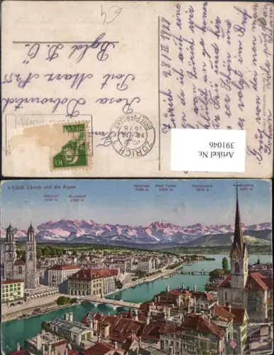 391046,Zürich Teilansicht Kirche Brücken m. Alpen Bergkulisse