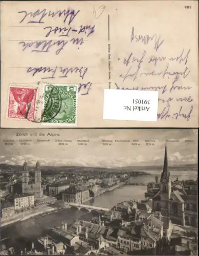 391051,Zürich Teilansicht Kirche Brücken m. Alpen Bergkulisse
