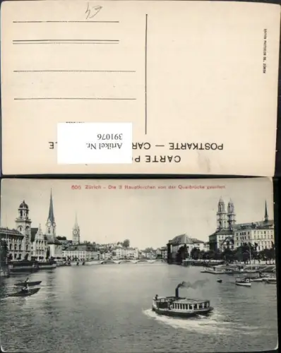 391076,Zürich 3 Hauptkirchen Kirchen von d. Quaibrücke Dampfer