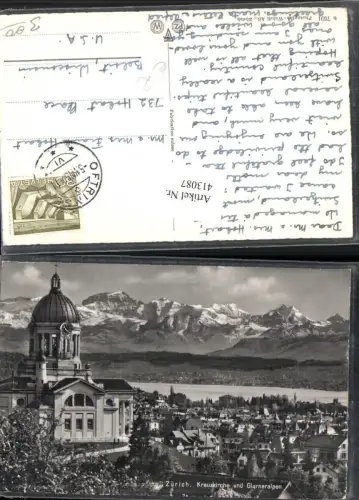 413087,Zürich Teilansicht Kruezkirche Kirche m. Alpen Bergkulisse