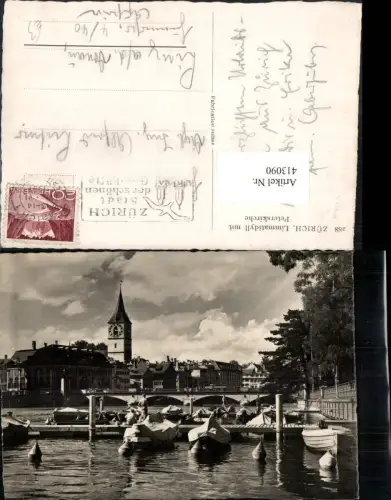 413090,Zürich Limmatidyll m. Peterskirche Fluss Boote Brücke