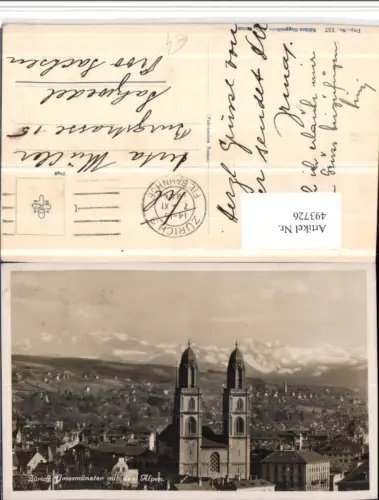 493726,Zürich Teilansicht Großmünster Kirche m. Alpen Bergkulisse