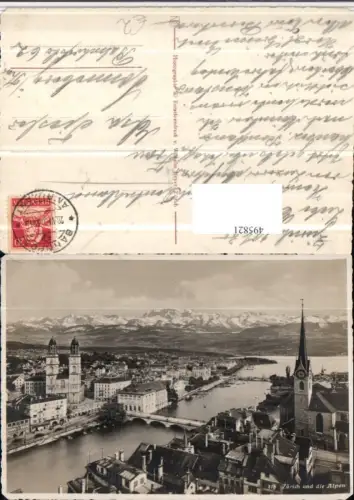 495821,Zürich Teilansicht Kirche Brücke m. Alpen Bergkulisse