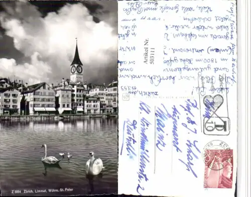503111,Zürich Limmat Wühre St. Peter Turm Schwäne