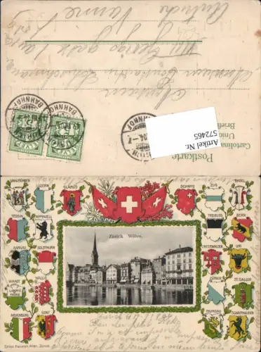 572465,tolle Präge Lithographie Zürich Wühre Wappen Kantone Schweiz
