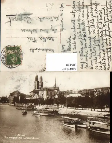 586138,Zürich Sonnenquai m. Grossmünster Schiffe Boote Switzerland