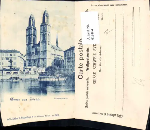 619164,Litho Zürich Grossmünster Kirche pub H. Guggenheim Co 3153
