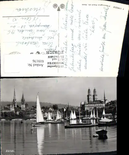 619176,Foto Ak Zürich Ansicht m. Boote Segelboote i. Vordergrund