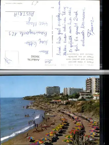 304302,Costa del Sol Torremolinos Playe y vista parcial Strand Strandleben Sonnenschirme