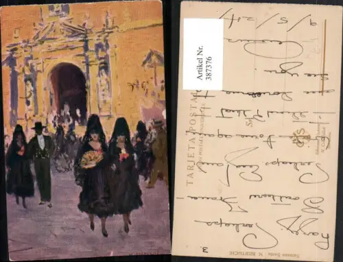 387376,Künstler AK M. Bertuchi Spain Semana Santa Karwoche Frauen m. Schwarzen Kleider
