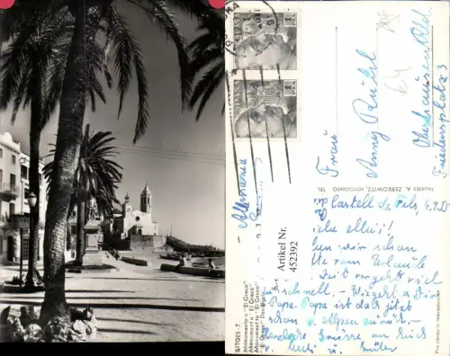 452392,Spain Sitges Monumento a El Greco Denkmal Palmen Kirche