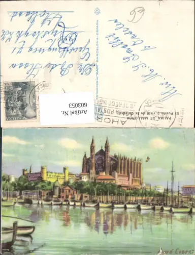 603053,Künstler Ak Aune Esbert Palma de Mallorca El Puerto y vista de la Catedral Spain
