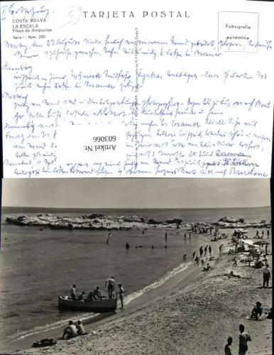 603066,Foto Ak Costa Brava La Escala Playa de Ampurias Strand Strandleben Spain