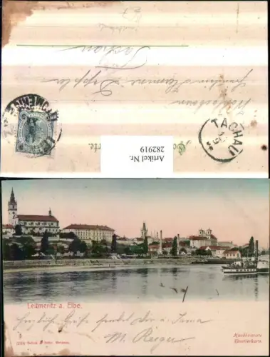 282919,Künstler AK Handkoloriert Leitmeritz an d. Elbe Litomerice Teilansicht Kirche