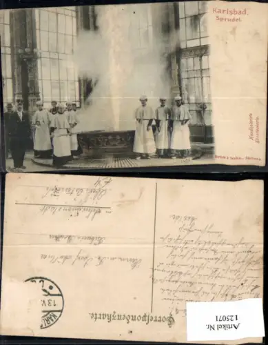 125071,Karlsbad Sprudel Leute 1900 Handkolorierte Künstlerkarte