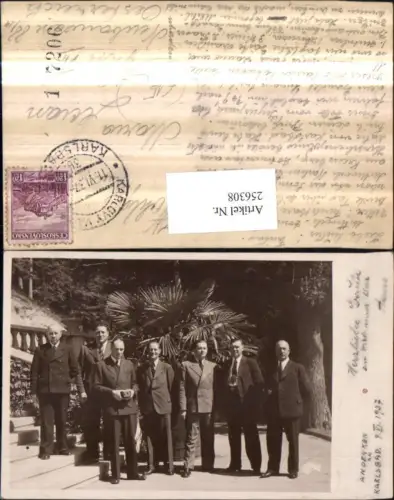 256308,Foto AK Karlsbad Karlovy Vary Männer m. Anzug Palme 1937