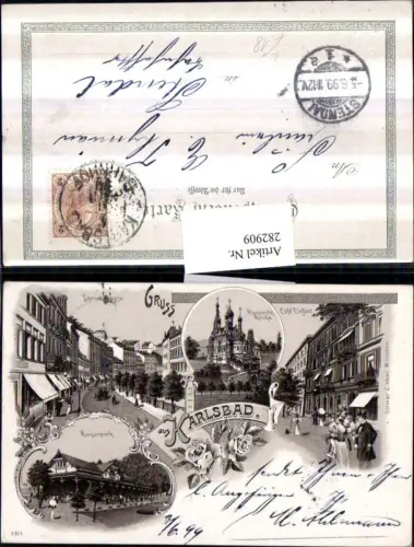 282909,Litho AK Gruß aus Karlsbad Karlovy Vary Russische Kirche Sprudelgasse Kaiserpark Cafe Elefant Mehrbildkarte
