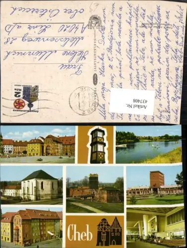 437408,Cheb Eger Häuser Bahnhof Ruine See Kirche Mehrbildkarte