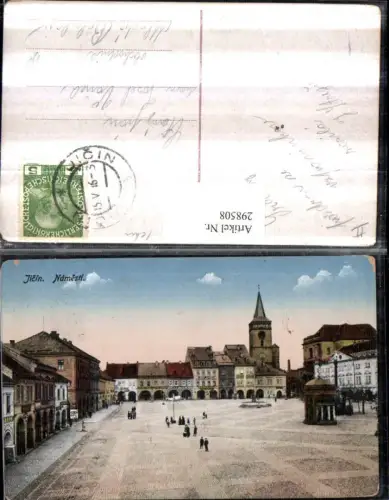 298508,Jicin Jitschin Namesti Platz Brunnen Geschäfte Kirchenturm