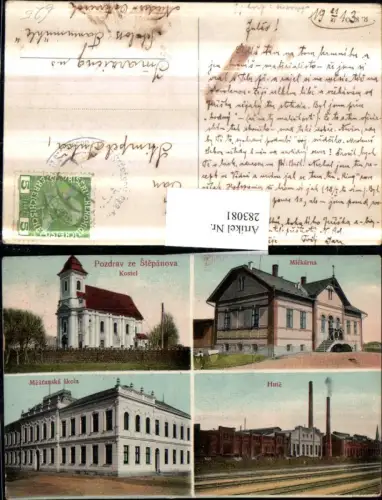283081,Trhoveho Stepanova b. Benesov Kostel Kirche Mlekarna Hute Fabrik Mestanska skola Schule Mehrbildkarte