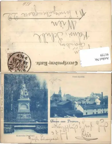 91759,Gruss aus Prerau Prerov Komencky Denkmal 1899