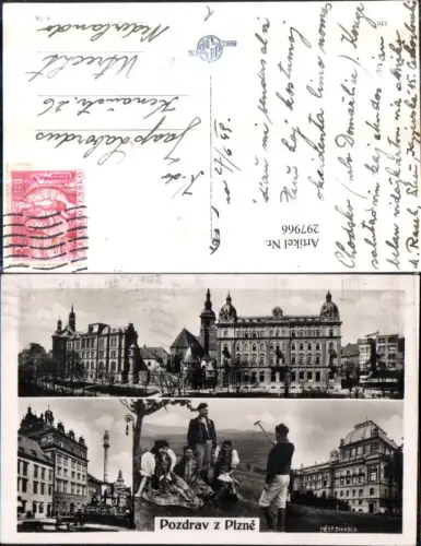 297966,Plzen Pilsen Stadttheater Gebäude Kirche Säule Trachten Tracht Mehrbildkarte