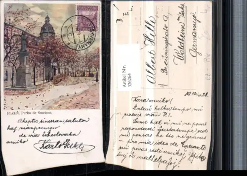 326264,Künstler AK J. Proskovec Plzen Pilsen Parko de Smetana Denkmal