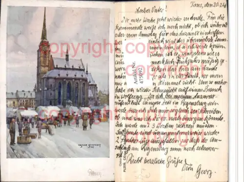 475092,Künstler AK Oskar Schmidt Pilsen Plzen Chram Kirche Winterbild