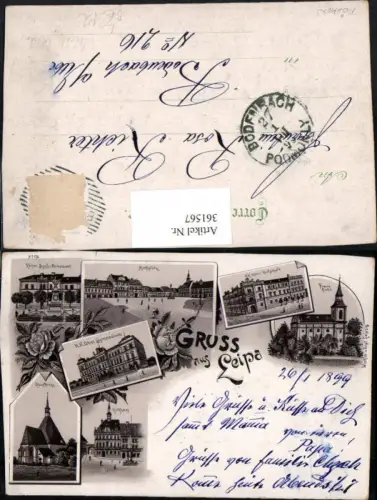 361567,Litho Gruß aus Leipa Ceska Lipa Rathaus Gymnasium Realschule Kirchen Mehrbildkarte