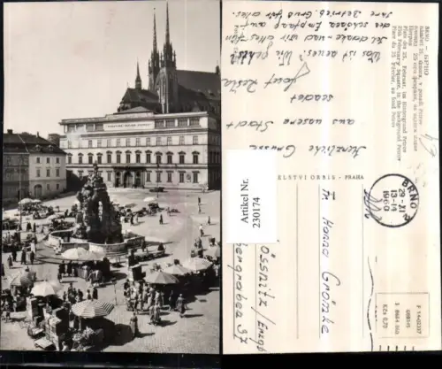 230174,Brno Brünn Platz d. 25 Februar im Hintergrund Petrov Kirche Markt Brunnen
