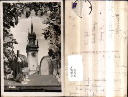 256464,Znaim Znojmo Rathausturm Fotomontage Wein Weintrauben Fass