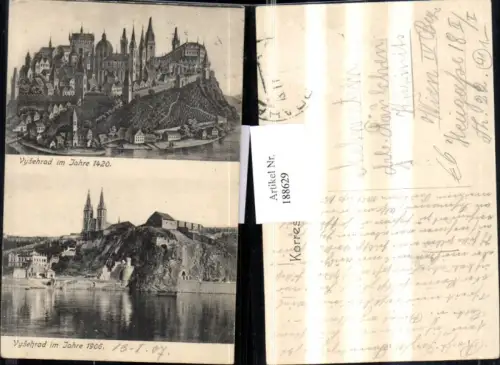 188629,Prager Hochburg Vysehrad im Jahr 1420 u. 1906 Totale Mehrbildkarte