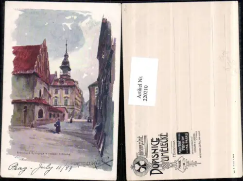 220210,Künstler Litho AK F. Engelmüller Prag Praha Staronova Synagoga a radnice zidovska Straßenansicht