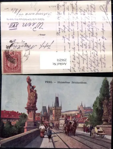 256251,Künstler AK Prag Praha Kleinseitner Brückentürme Brücke Kutsche