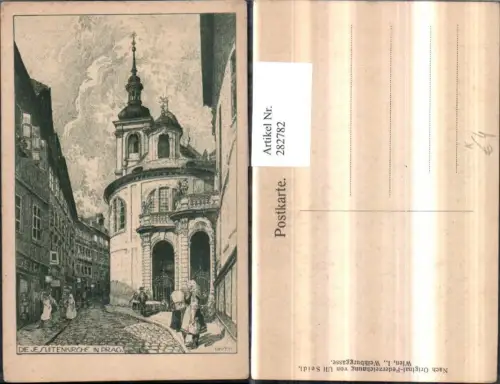 282782,Künstler AK Ulf Seidl Federzeichnung Prag Praha Jesuitenkirche Kirche Gasse