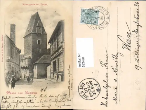 582498,Litho Budweis Ceske Budejovice Schanzgasse m. Thurm Turm 1900 Czech Republic