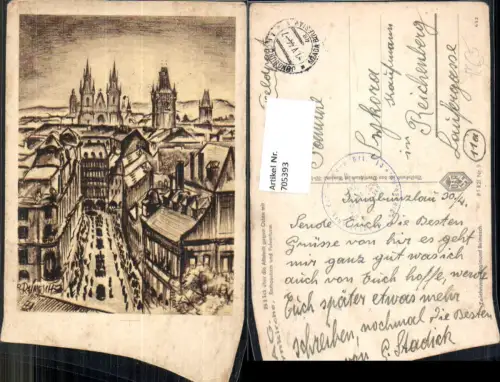 705393 Künstler AK Ragimund Reimesch Prag Blick über Altstadt Teynkirche Rathausturm Feldpost