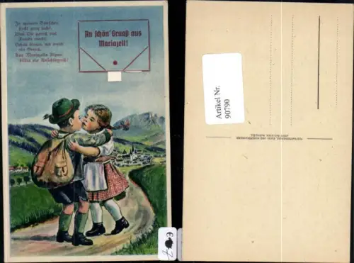 90790,Einen schönen Gruß aus Mariazell Bub und Mädchen beim Küssen